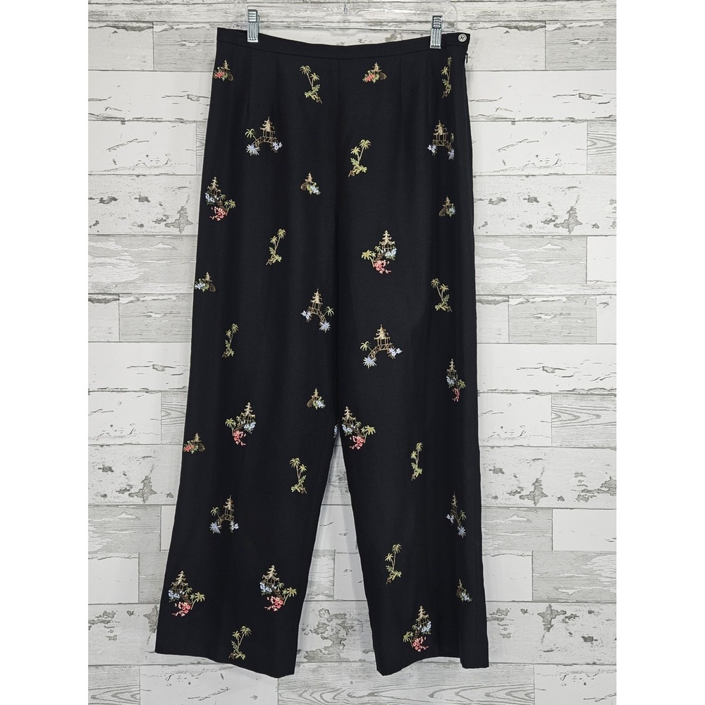 Talbots Silk Cotton Embroidered Pagoda Chinoiserie Wide Leg Pants Black Size‎ 12
